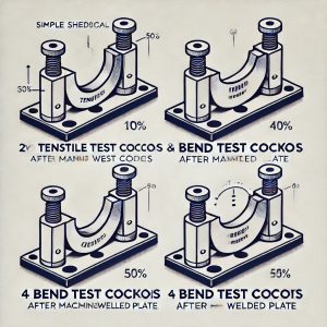 Two tensile test coupons and four bend test coupons after machining welded plate
